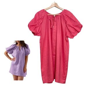 Amazhiyu Pure Linen Summer Puff Sleeve VNeck Mini Dress in Barbie Pink Small